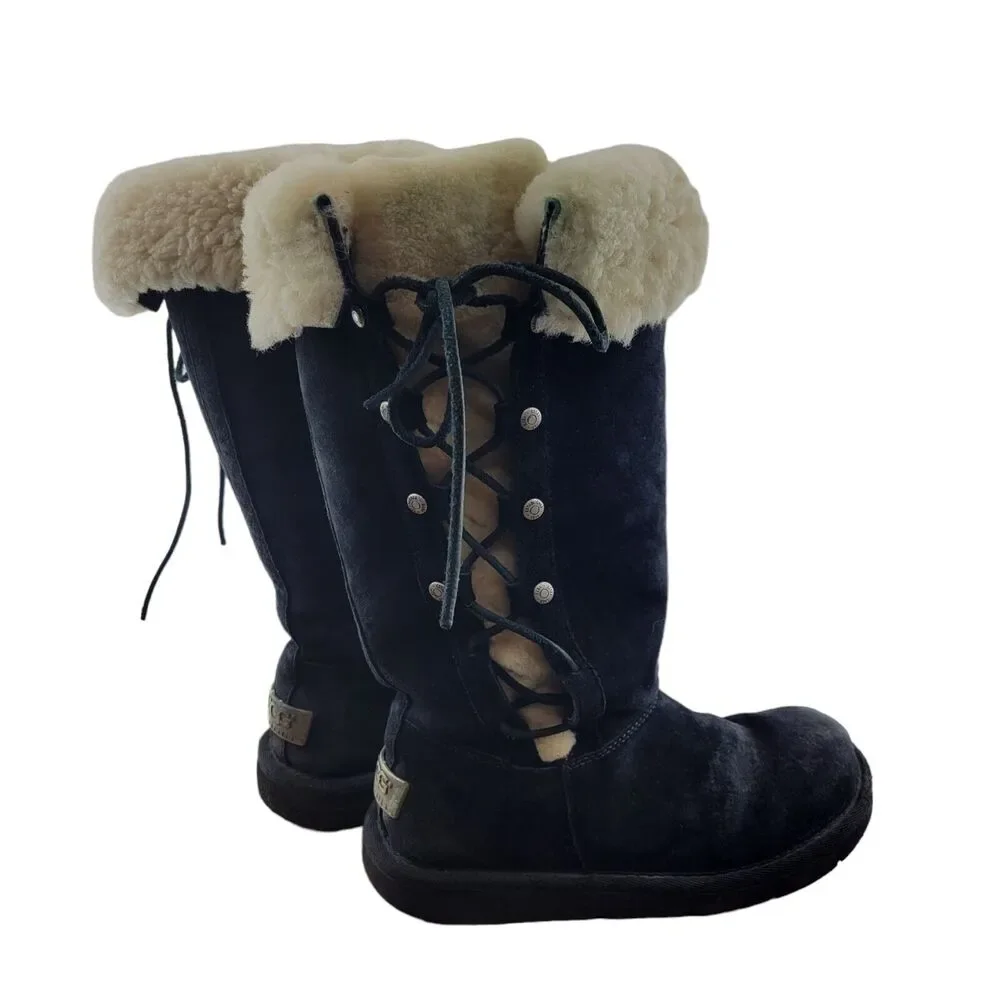 UGG Upside 5163 Boots Size 6 Tall Black Suede Lace Up Sides Studded Sherpa Lined